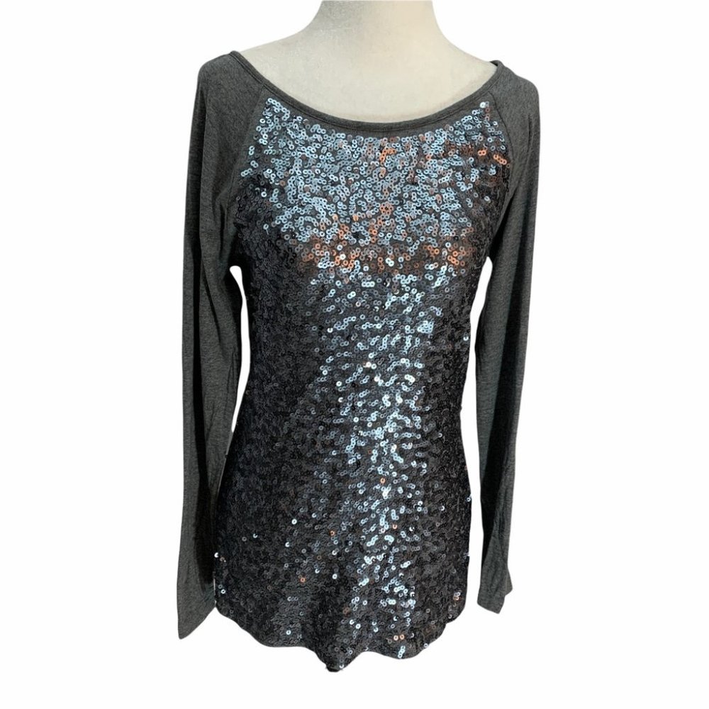 Old Navy🗿Grey Long Sleeve T-Shirt Sequin Bodice Raglan Sleeve Size S